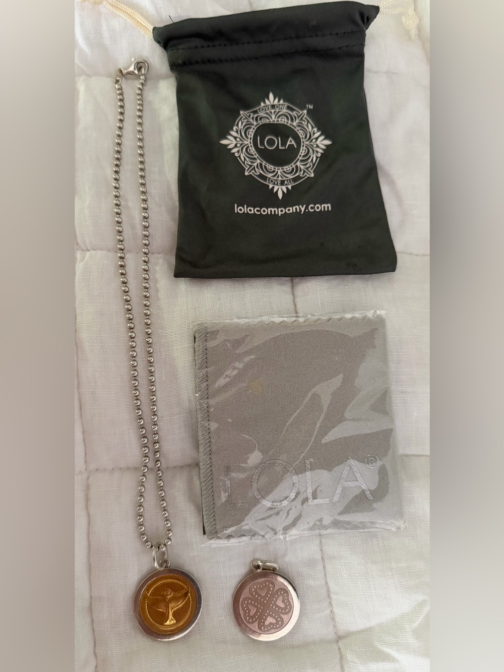 Lola Silver 18” 3mm Ball Chain Necklace, 2 Pendants, Pouch/Care Cloth Set